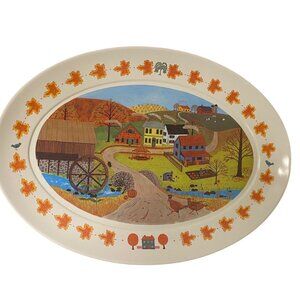 Vintage 1980s Brook Park Country Thanksgiving Oval Melamine Platter Autumn Scene